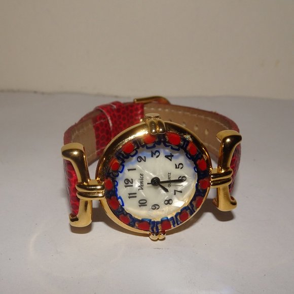 Venice Murano Glass Red Leather Wrist Watch - Picture 1 of 6